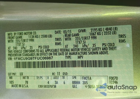 2015 Ford Escape Se из США, поврежденный, VIN 1FMCU9G97FUC06987